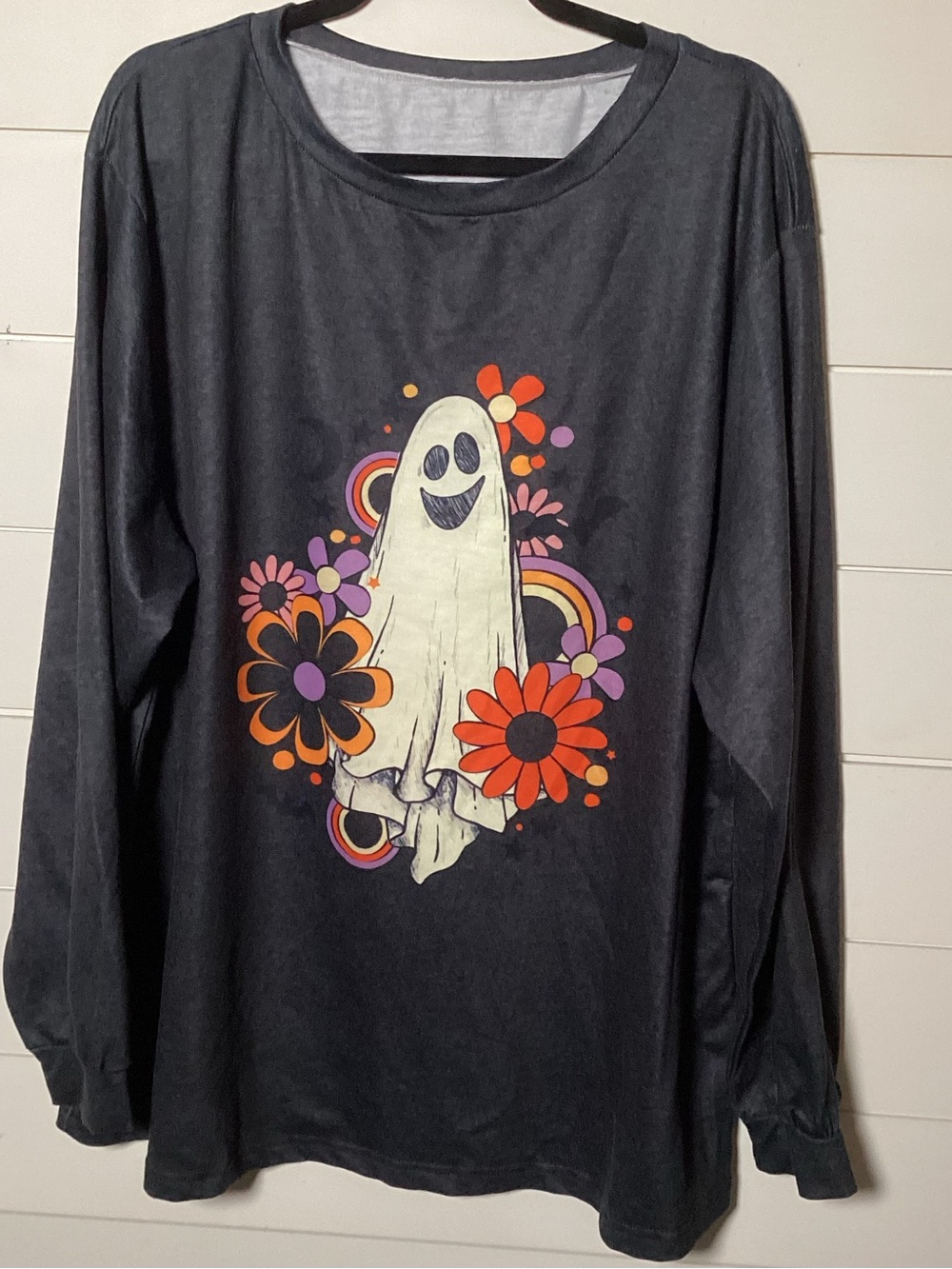 Black Long-Sleeve Graphic Ghost Tee with Floral Print